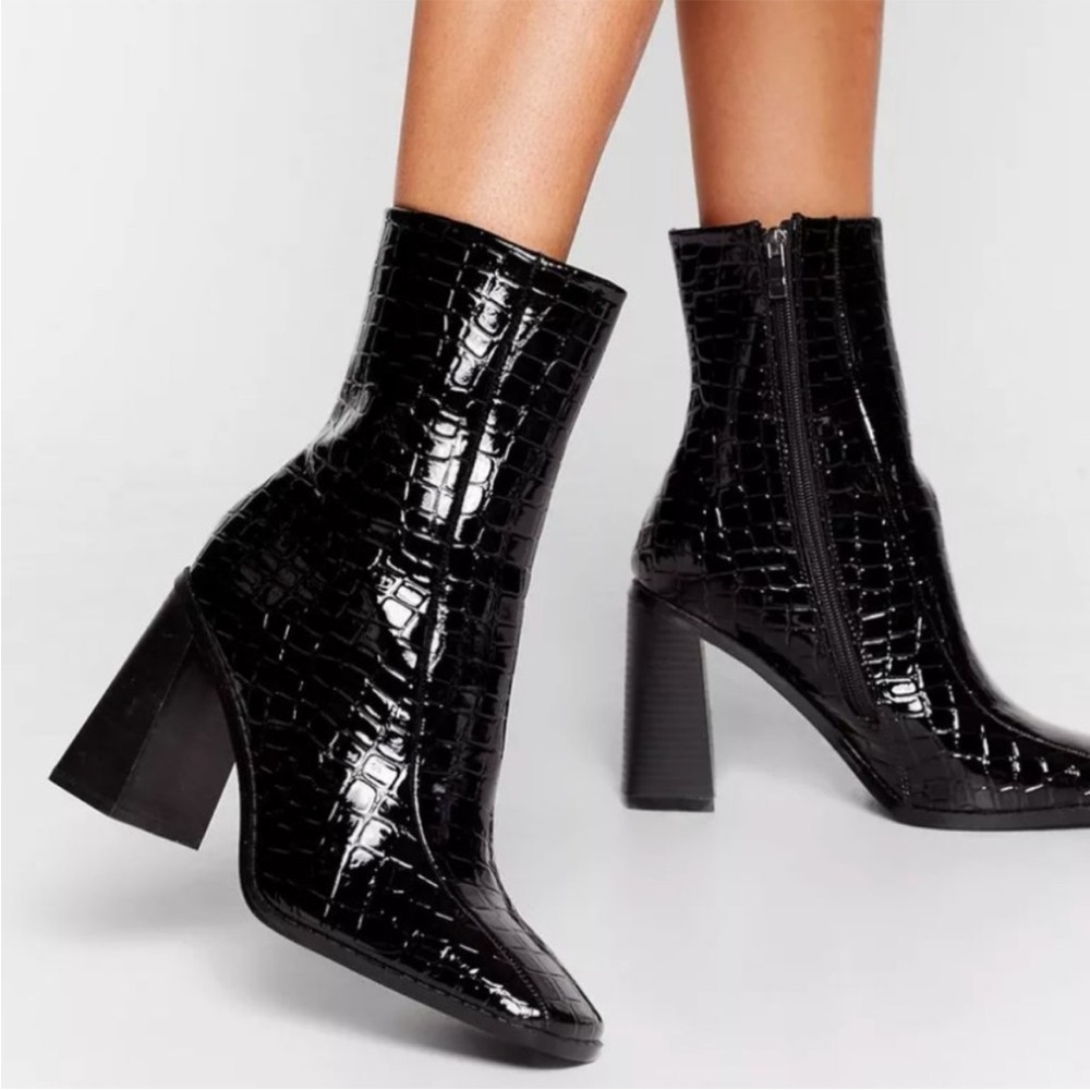 Nasty Gal Faux Leather Black Patent Croc Flared Heeled Ankle Boots